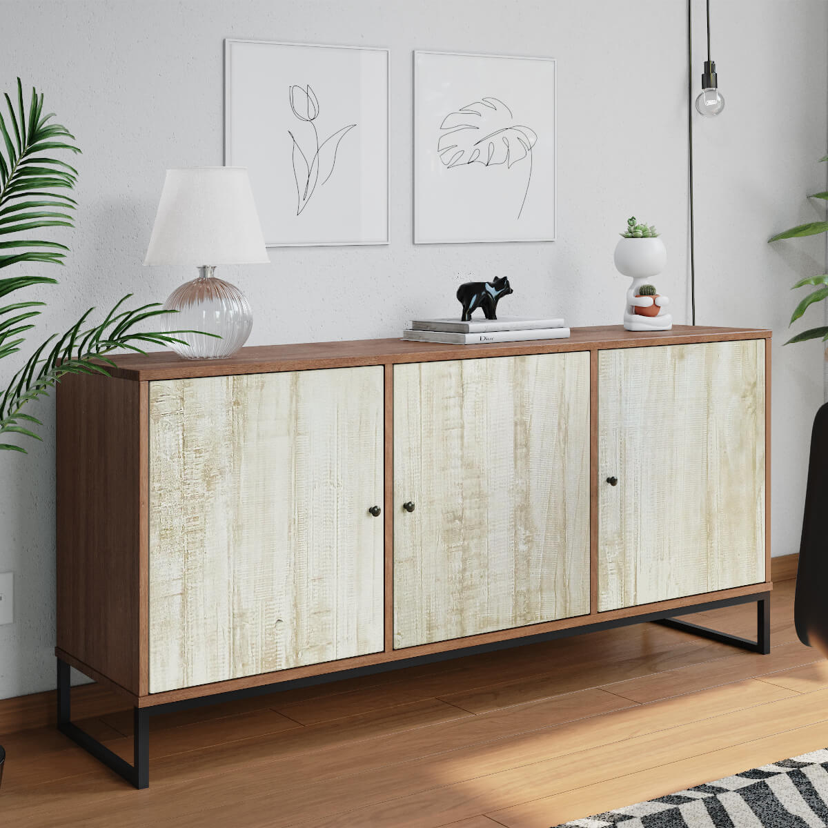 Wooden buffet with sleek metal base and 3 doors from Artefama Furniture